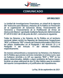 COMUNICADO 2-21 - Sobre plazo de ROS y PEP para notarios  FECHA: 30/09/2021
