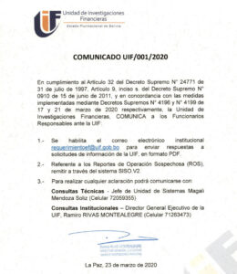 COMUNICADO 1-2020 - ROS y consultas  FECHA: 23/03/2020